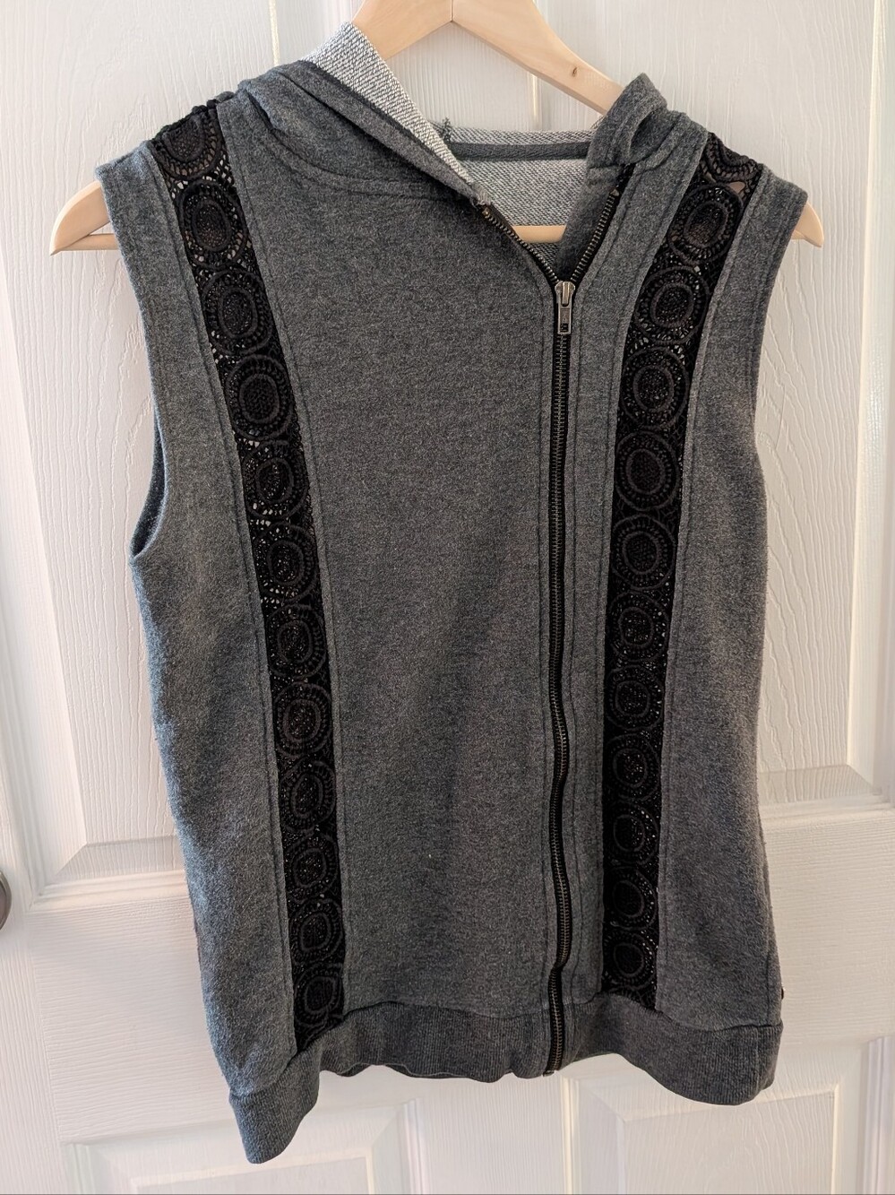 Fabletics Gray Sleeveless Assymetric Zip Hoodie with Sheer Black Lace Trim